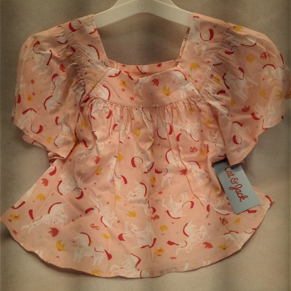 GIRLS SHORT SLEEVE WOVEN TOP, PINK, NWT,